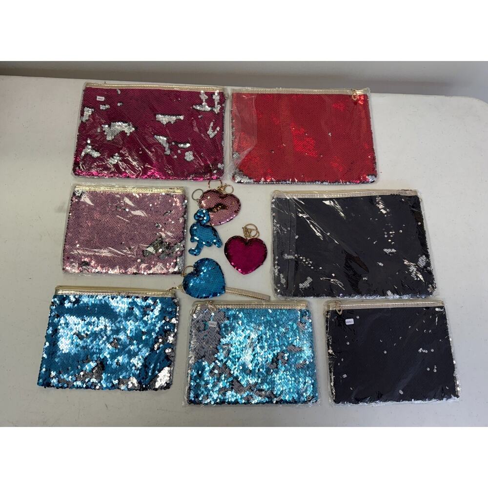 Lot Of 7 Womens Multicolor Reversible Sequins Coin Purse Wallet With Charms NEW
